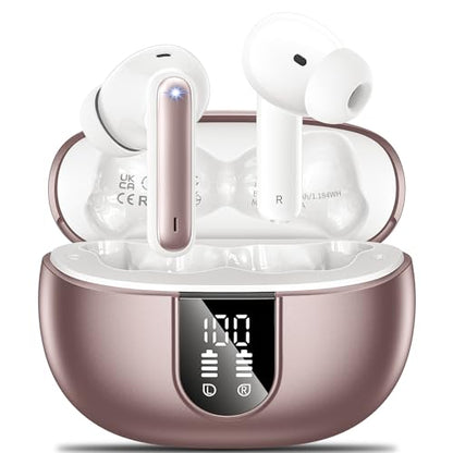 Wireless Earbuds, 2024 Wireless Headphones HiFi Stereo Earphones with 4 ENC Noise Canceling Mic, 42Hs Playtime In Ear Earbud, Bluetooth 5.3 Sport Earphones with LED Power Display for Android iOS Pink - color: pink gold