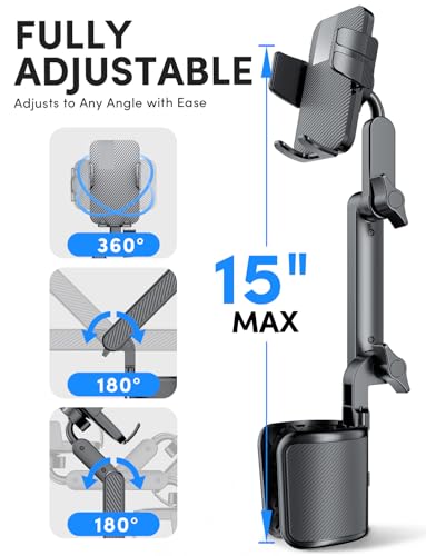 ELWEY Car Cup Holder Phone Holder, 15" Height Phone Mount Fit 2.6-4.8" Car Cupholder, 360° Swiveling Phone Holders for Your Car Fits iPhone 17 16 Pro Max & 4.7-7" Cell Phones