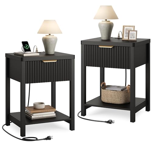 Night Stand Set 2, Fluted Wood Nightstands w/Charging Station for Bedroom - color: Black, size: 1 Drawer-Set of 2 Nightstand