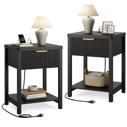 Night Stand Set 2, Fluted Wood Nightstands w/Charging Station for Bedroom - color: Black, size: 1 Drawer-Set of 2 Nightstand