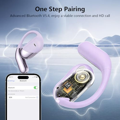 Open Ear Headphones,Over Ear Buds Clip Wireless Earbuds Bone Conduction Built-in Mic Earhook,Bluetooth 5.4 LED Display,60H Playtime Touch Control Design for Cycling,Running,Office,Ear Hooks - color: Violet