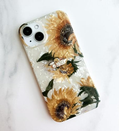 Qokey for iPhone 13/14 Case 6.1 inch,Flower Design Cute Clear for Women Girls with 360 Degree Rotating Ring Kickstand Soft TPU Shockproof Cover Sunflower - color: Sunflower