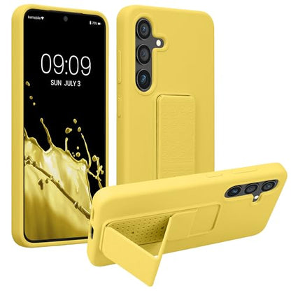 kwmobile Case for Samsung Galaxy S24 Case - Soft TPU Cover with Silicone Coating - with Hand Strap and Stand Function - Shockproof - Radiant Yellow - color: Radiant Yellow, size: Galaxy S24