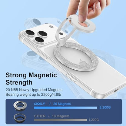 Magnetic Finger Phone Grip Holder Dual-Sided Magnet Gym Finger Ring Loop Adjustable MagSafe Finger Ring for iPhone 17 Pro Max Air 16e 16 15 14 13 12 Pro Max,Samsung,Phone Stand for Magnetic Car Mount - color: White