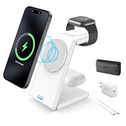 3 in 1 Wireless Charging Station, Magnetic Foldable Wireless Charger, Fast Travel Charger Stand for iPhone 17/16/15/14/13/12/Apple Watch/Airpods(20W PD Adapter Included)