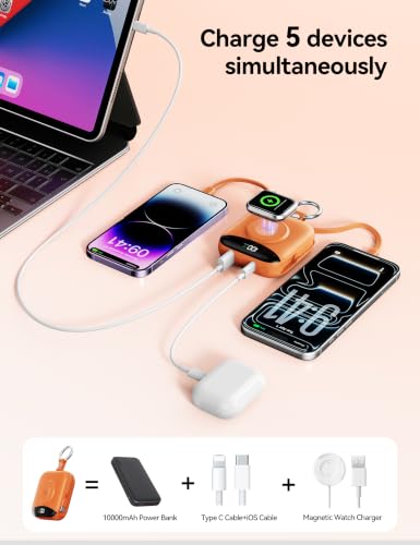 Portable Charger 10000mAh 22.5W Power Bank Built-in 2 Cables Keychain - color: Orange