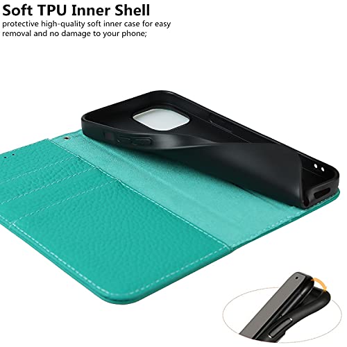 iCoverCase Compatible with iPhone 13 Wallet Case with Credit Card Holder and Wrist Strap, RFID Blocking Genuine Leather Flip Magnetic Phone Cover 6.1 Inch (Blue-Green) - color: 1-Blue-Green (No Headphone Storage Belt), size: iPhone 13
