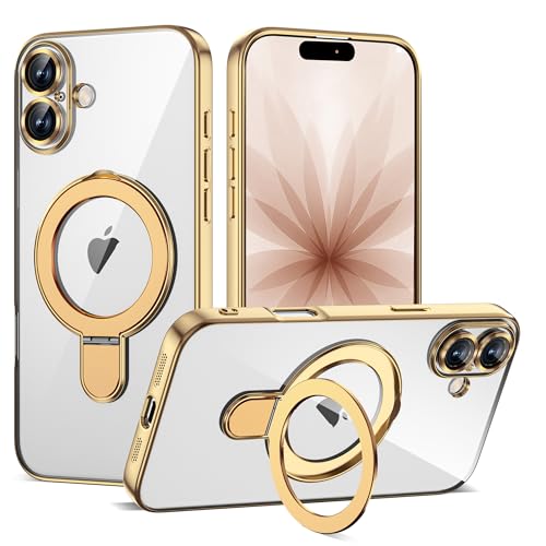 Compatible with iPhone 17 Case with Magnetic Ring Stand Compatible with Mag-Safe Full Camera Lens Protector Plating Clear Phone Case for iPhone 17 6.3", Gold - color: Gold, size: Iphone 17