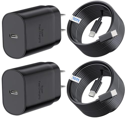 TT&C 2-Pack 25W USB C Fast Charger with 10FT Extra Long Cable (Black) - color: Black, size: 10ft
