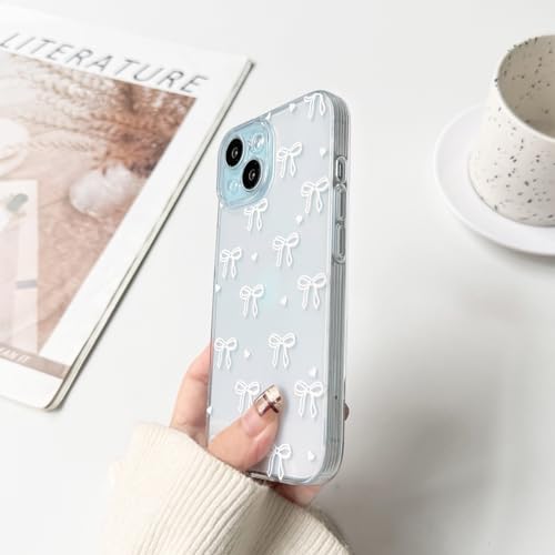 NITITOP Compatible with iPhone 15 Plus Case Clear Cute Bow Ribbon Love Heart Pattern for Women Girls Bowknot Full Camera Lens Soft TPU Slim Shockproof Protective Cover - White - color: White, size: iPhone 15 Plus