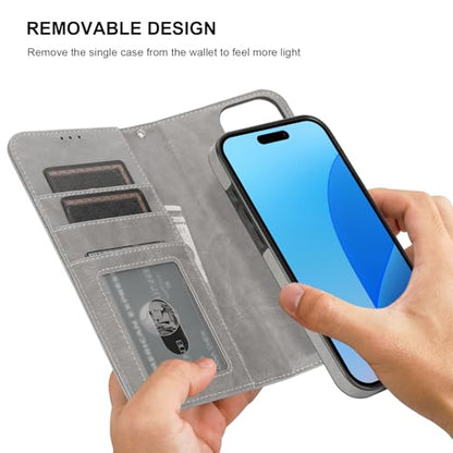 Bocasal Detachable Wallet Case Card Holder for iPhone 16 Pro Max Grey | RFID Blocking Kickstand Card Slots Holder PU Leather Magnetic Shockproof Wrist Strap Removable Flip Protective Cover 6.9 inch - color: Gray