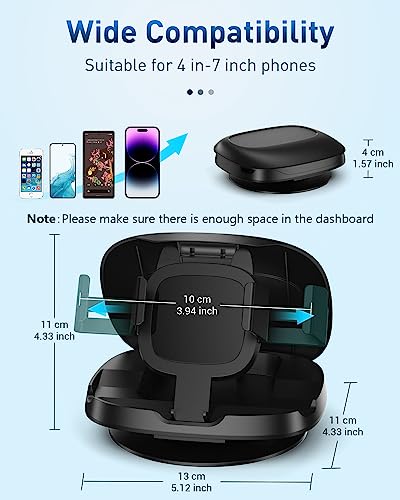 Phone Mount for Car, 360° Rotatable Dashboard Horizontal & Vertical Viewing Cell Phone Holder, Washable Reusable Car Phone Mount, for iPhone Samsung & Smartphones