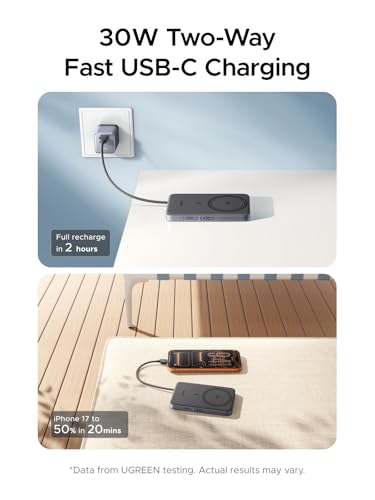 UGREEN Magflow Air 10000mAh Qi2 15W Wireless Power Bank Built-in Cable - color: Grey