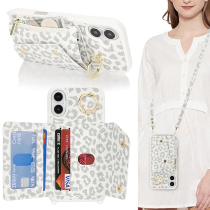 Lipvina Crossbody Wallet Case for iPhone 16,White Leopard - color: 03-White Leopard, size: iPhone 16 6.1"