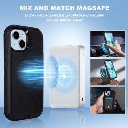 Magnetic for iPhone 13 Case with Belt Clip, Holster with Kickstand, Black | Compatible with MagSafe, Heavy Duty Military Grade Drop Protection, 3-Layer Rugged Shockproof for iPhone 13 Protective Case - color: Black