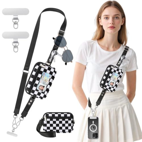 MoKo Adjustable Phone Crossbody Lanyard with Detachable RFID Wallet - color: Black & White Grid