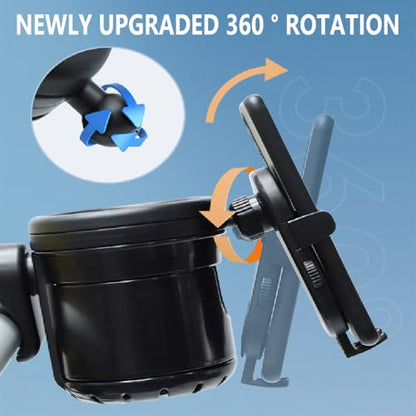 Stroller Cup Phone Holder Attachment, 3-in-1 Universal Cup Holder with Adjustable Phone Mount, Double Cup Holder for Walker Wheelchair Fits Most Donna, Uppababy, Bugaboo, Anti-Slip & Easy Install