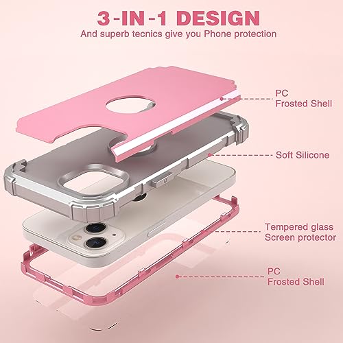IDweel for iPhone 15 Case with Screen Protector,Luxury 3 in 1 Shockproof Slim Fit Hybrid Heavy Duty Protection Glitter Hard PC Cover Soft Silicone Bumper Full Body Case,Pink/Light Grey - color: Pink/Light Grey
