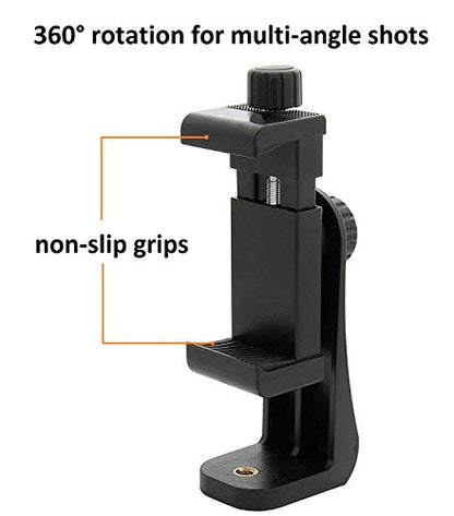 Alphx Universal Smartphone Tripod Cell Phone Holder Mount Adapter Set, Fits iPhone, Samsung, and all Phones, Rotates Vertical and Horizontal with Adjustable Clamp, Includes Mini Tripod