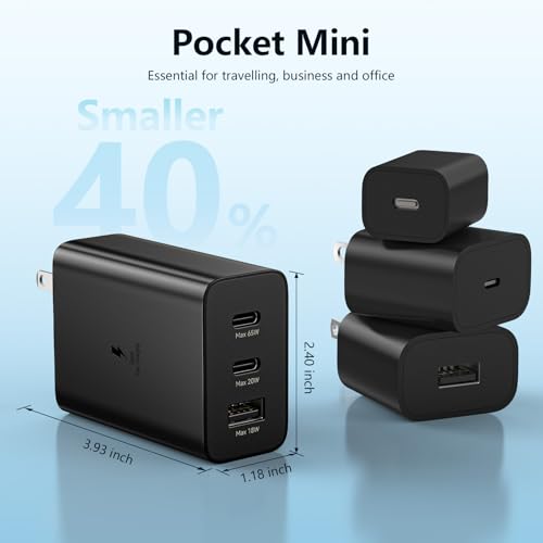 65W USB Charger Block GaN Wall Charger 3-Port Compact Fast Charging Phone
