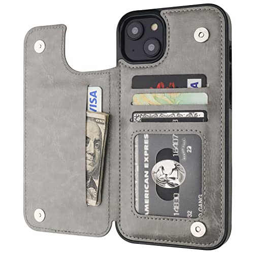 ONETOP for iPhone 14 Plus Wallet Case with Credit Card Holder,Gray | Kickstand,ID/Cash Holder,Case Wallet with Card Slots,Double Magnetic Clasp,Durable PU Leather Shockproof Cover for Women Men - color: Gray