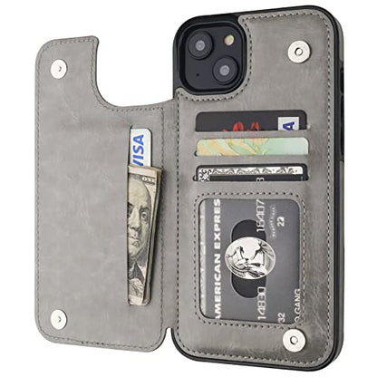 ONETOP for iPhone 14 Plus Wallet Case with Credit Card Holder,Gray | Kickstand,ID/Cash Holder,Case Wallet with Card Slots,Double Magnetic Clasp,Durable PU Leather Shockproof Cover for Women Men - color: Gray
