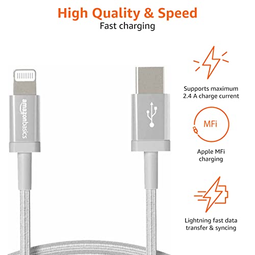 Amazon Basics USB-A to Lightning Charger Cable, Nylon Braided Cord, Apple MFi Certified for iPhone 14 13 12 11 X Xs Pro, Pro Max, Plus, iPad, High Speed Data Sync, 3 Foot, Silver - size: 3 ft