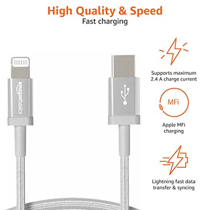Amazon Basics USB-A to Lightning Charger Cable, Nylon Braided Cord, Apple MFi Certified for iPhone 14 13 12 11 X Xs Pro, Pro Max, Plus, iPad, High Speed Data Sync, 3 Foot, Silver - size: 3 ft