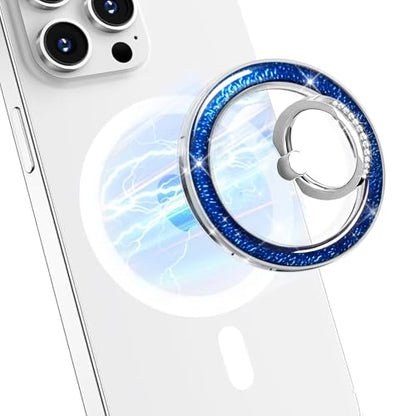 Transparent Shiny Magnetic Phone Ring Holder,360° Rotatable Removable Phone Grip,Clear Blue Sparkle Diamond Stylish Design Compatible with All Phones & Tablets - color: Clear Blue