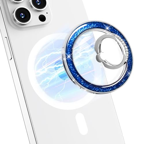 Transparent Shiny Magnetic Phone Ring Holder,360° Rotatable Removable Phone Grip,Clear Blue Sparkle Diamond Stylish Design Compatible with All Phones & Tablets - color: Clear Blue