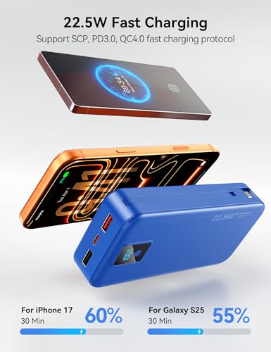 Portable Charger 20000mAh 22.5W w/Built-in Cable & Wall Plug Navy - color: Indigo
