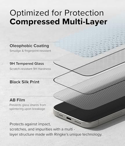 Ringke for iPhone 16/15 Screen Protector [Easy Slide, 2 Pack] | Easy Installation with Alignment Tool, Case Friendly Premium 9H Hardness Tempered Glass - size: iPhone 16 & 15