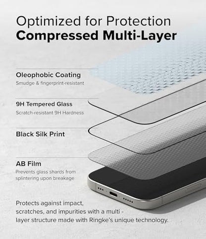 Ringke for iPhone 16/15 Screen Protector [Easy Slide, 2 Pack] | Easy Installation with Alignment Tool, Case Friendly Premium 9H Hardness Tempered Glass - size: iPhone 16 & 15