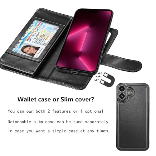 NJJEX Compatible with iPhone 16 Plus Wallet Case, 9 Card Slots, Black | PU leather folio flip, detachable magnetic phone cover, integrated kickstand, included lanyard - color: Black, size: iPhone 16 Plus