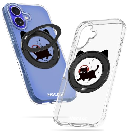 for iPhone 16 Case with Stand- Cute Clear Phone Cases Compatible with MagSafe Cat Music Pattern for Women Girls Girly Soft TPU Magnetic Ring Protective Cover for Apple 16 - color: A Cat Music - With Stand, size: for iPhone 16