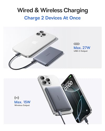 Baseus Picogo Magsafe Portable Charger, Qi2 15W 0.5" Ultra Slim 10000mAh Wireless Power Bank, 27W Fast Charging Magnetic Battery Pack with USB-C for iPhone 17 Pro Max/17 Pro/Air/16/15/14/13/12 - color: Space Grey
