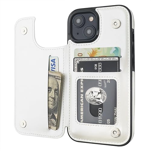 ONETOP Compatible with iPhone 15 Wallet Case with Card Holder, PU Leather Kickstand Card Slots Case, Double Magnetic Clasp and Durable Shockproof Cover 6.1 Inch (White) | Kickstand,ID/Cash Holder,Case Wallet with Card Slots,Double Magnetic Clasp,Durable P