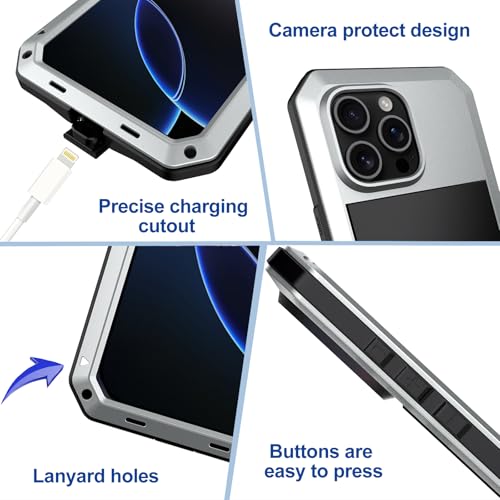 for iPhone 16 Pro Max Metal Case 6.9",Heavy Duty Shockproof Aluminum Alloy Tough Armour Military Phone Case,360 Full Body Protective Cover with Silicone Built-in Screen Protector - Silver - color: Silver