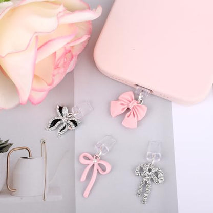 Penitue 4pcs Phone Dust Plug Charms, Creative Charging Port Dust Plug Cover - style: Bow Style