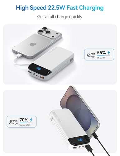 Phone Battery Bank 32000mAh 22.5W w/Built-in Cables & USB C Fast Charging - color: White