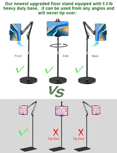 Tablet Floor Stand, Overhead Bed Phone Stand with 8.8 lb Super Stable Base & Angle/Height Adjustable, Compatible with 4.5''-13'' iPhone, iPad Pro 12.9, Galaxy Tab, Kindle, Phones