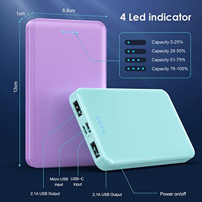 [2 Pack]Portable Charger Power Bank 10000mAh,Slimmer USB C Fast Charging Portable Phone Charger,Travel Essentials Backup External Battery Pack for iPhone 17/16/ 15/14/13/12,Galaxy,Android-Green+Purple - color: Green+Purple