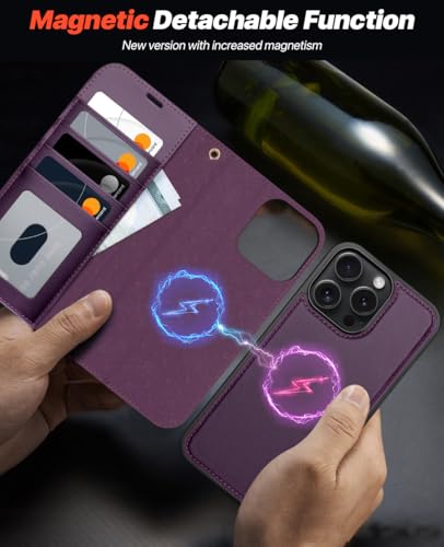 OCASE for iPhone 16 Pro Max Case Detachable Wallet Case with Card Holder, 2 in 1 Pu Leather Flip Folio with RFID Blocking Stand Wrist Strap Shockproof Phone Cover 6.9 Inch 2024, Dark Purple | Removable magnetic case, with hand strap, wireless charging, ca