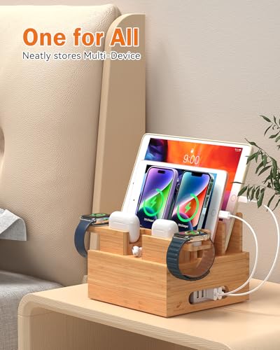 Pezin & Hulin Bamboo Phone Charging Station with 5-Port Charger & 5 Cables - color: Dock Rack+Cables+Charger