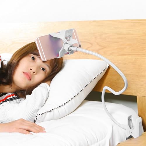 Gooseneck Cell Phone Holder with Clamp, Non Slip Lazy Bracket, Universal 360 Flexible Phone Stand, Lazy Bracket Mount Long Arms Clamp for Bed Desk Headboard Table (White)
