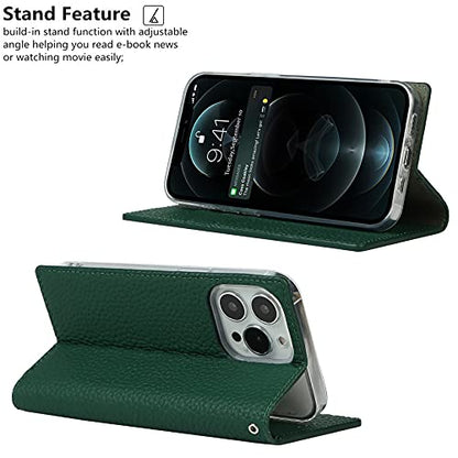 iCoverCase Compatible with iPhone 13 Pro Wallet Case, RFID Blocking Genuine Leather Magnetic Case with Wrist Strap and Card Slots Kickstand Feature Flip Cover 6.1 Inch (Green) - color: Green, size: iPhone 13 Pro