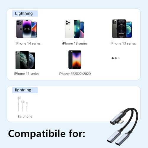 Right Angle 2-in-1 iPhone to Dual Lightning Jack Audio Headphone and Charger Cable Adapter,【Apple MFi Certified】Calling+Music+Charge 90 Degree Earphones Converter Splitter for Apple iPhone 14 13 12 11