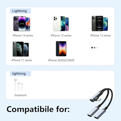Right Angle 2-in-1 iPhone to Dual Lightning Jack Audio Headphone and Charger Cable Adapter,【Apple MFi Certified】Calling+Music+Charge 90 Degree Earphones Converter Splitter for Apple iPhone 14 13 12 11