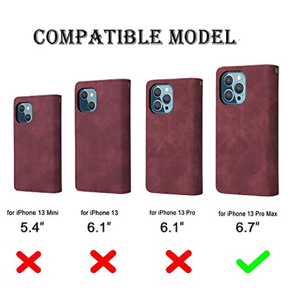 RANYOK Wallet Case Compatible with iPhone 13 Pro Max (6.7 inch), Premium PU Leather Zipper Flip Folio Wallet with Wrist Strap Magnetic Closure Built-in Kickstand Protective Case (Brown) - color: Brown