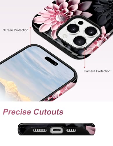 Jusy Magnetic Floral Phone Case for iPhone 14 Pro,Black Pink | Compatible with MagSafe, Cute Aesthetic Floral Design, TPU and PC Protective Shockproof Cover - color: Black Pink Lotus
